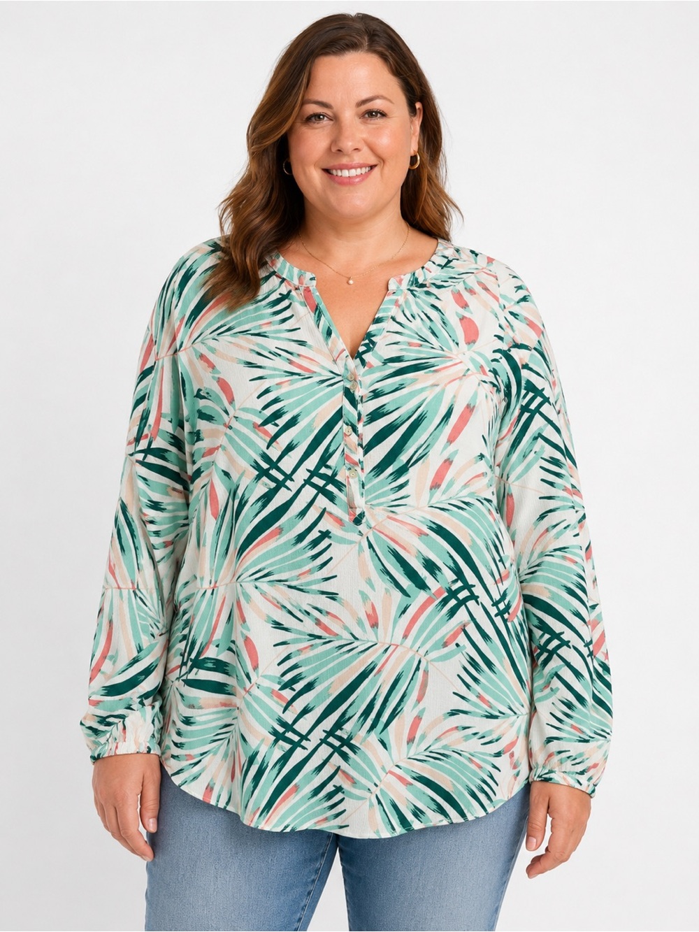 Old Navy XXL Tropical Palm Print Rayon Tunic Blouse Roll Tab Sleeve Resort